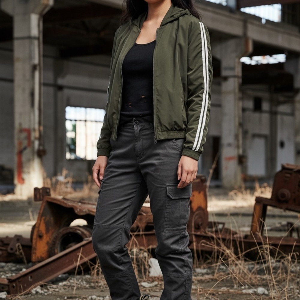 Love Tree Olive Green Hooded Crop Style  Track Jacket with White Stripe